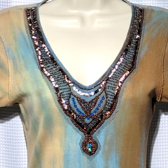 Tie-Dye Beads & Lace Ribbed Short Sleeve Grunge Fairycore Top Made in U.S.A. (S) - Picture 3 of 8